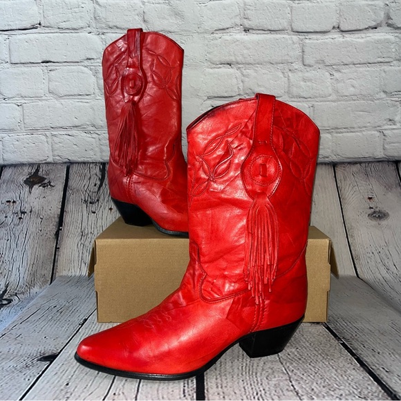 Vintage Laredo Western Red Leather Cowboy Boots With Tassels Size 9 - Picture 4 of 17